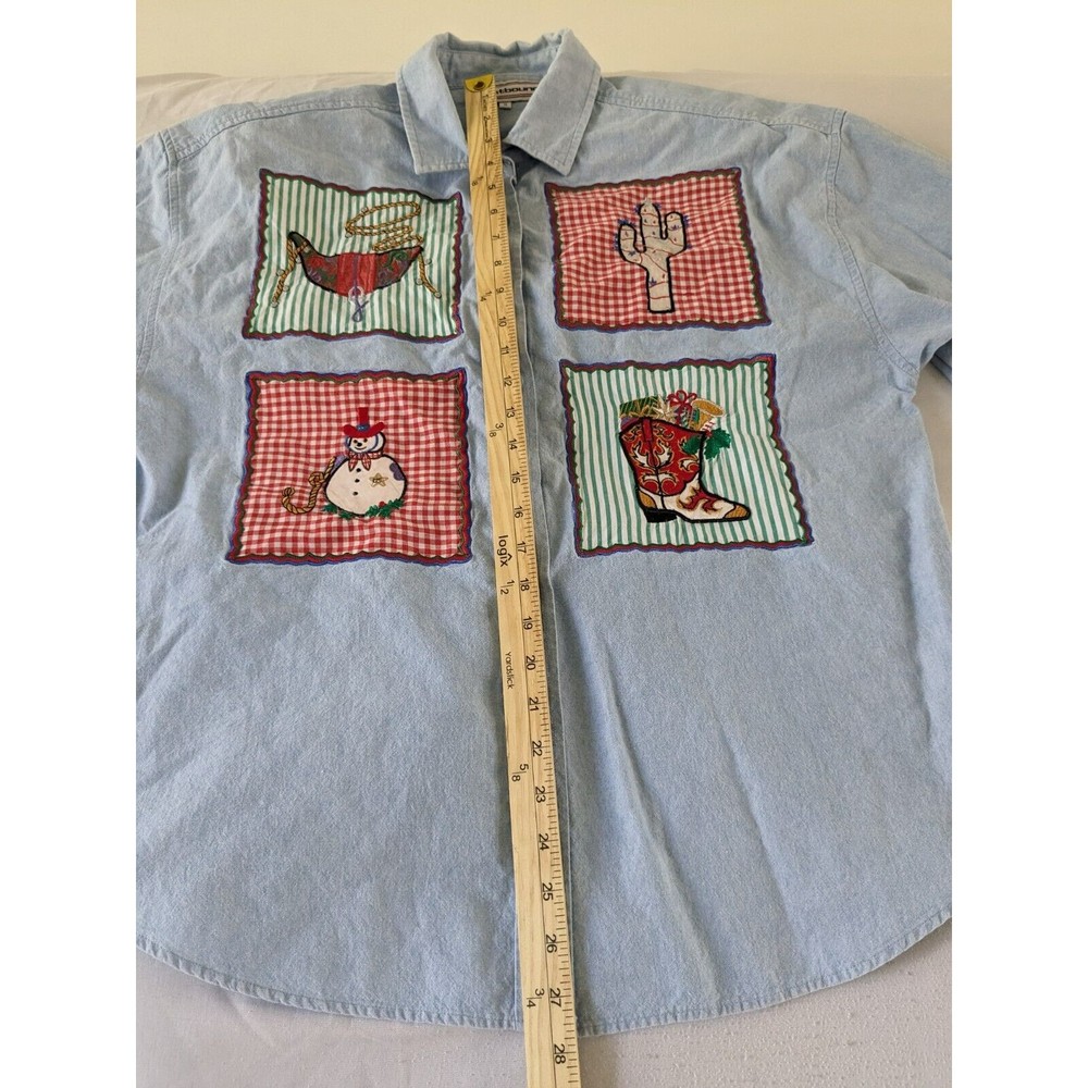 Vintage 90s Western Embroidered Christmas Denim Shirt Size 14 Large Cowboy - Picture 10 of 12